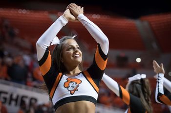 Feb 21, 2018; Stillwater, OK, USA; Oklahoma State Cowboys cheerleader during the game against the Texas Tech Red Raiders at Gallagher-Iba Arena. Mandatory Credit: Rob Ferguson-Imagn Images