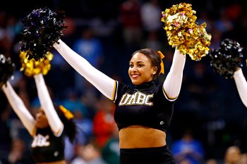 Mar 16, 2018; Charlotte, NC, USA; The UMBC Retrievers cheerleader during half time against the Virginia Cavaliers in the first round of the 2018 NCAA Tournament at Spectrum Center. Mandatory Credit: Jeremy Brevard-Imagn Images