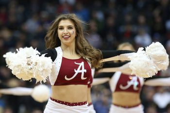 Mar 15, 2018; Pittsburgh, PA, USA;  Alabama Crimson Tide cheerleaders cheer against the Virginia Tech Hokies during the first half in the first round of the 2018 NCAA Tournament at PPG Paints Arena. Alabama won 86-83. Mandatory Credit: Charles LeClaire-Imagn Images