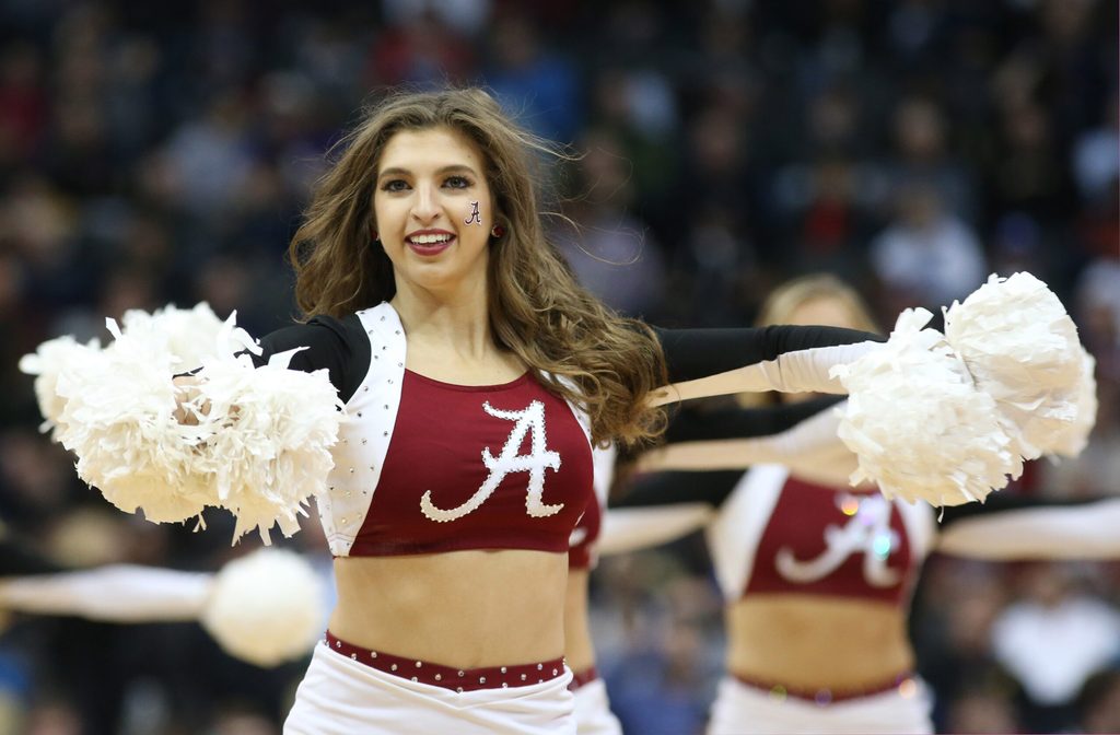 Mar 15, 2018; Pittsburgh, PA, USA; Alabama Crimson Tide cheerleaders cheer against the Virginia Tech Hokies during the first half in the first round of the 2018 NCAA Tournament at PPG Paints Arena. Alabama won 86-83. Mandatory Credit: Charles LeClaire-Imagn Images