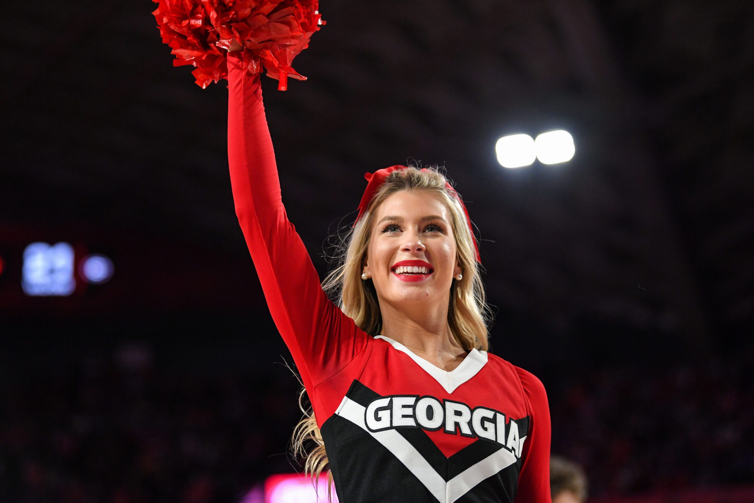 Jan 19, 2019; Athens, GA, USA; A Georgia Bulldogs cheerleader shown during a timeout during the game against the Florida Gators during the second half at Stegeman Coliseum. Mandatory Credit: Dale Zanine-Imagn Images