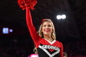 Jan 19, 2019; Athens, GA, USA; A Georgia Bulldogs cheerleader shown during a timeout during the game against the Florida Gators during the second half at Stegeman Coliseum. Mandatory Credit: Dale Zanine-Imagn Images