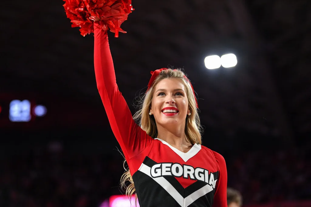 Jan 19, 2019; Athens, GA, USA; A Georgia Bulldogs cheerleader shown during a timeout during the game against the Florida Gators during the second half at Stegeman Coliseum. Mandatory Credit: Dale Zanine-Imagn Images