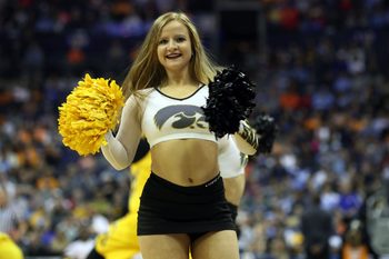 Mar 24, 2019; Columbus, OH, USA; Iowa Hawkeyes cheerleader in the first half against the Tennessee Volunteers in the second round of the 2019 NCAA Tournament at Nationwide Arena. Mandatory Credit: Kevin Jairaj-Imagn Images
