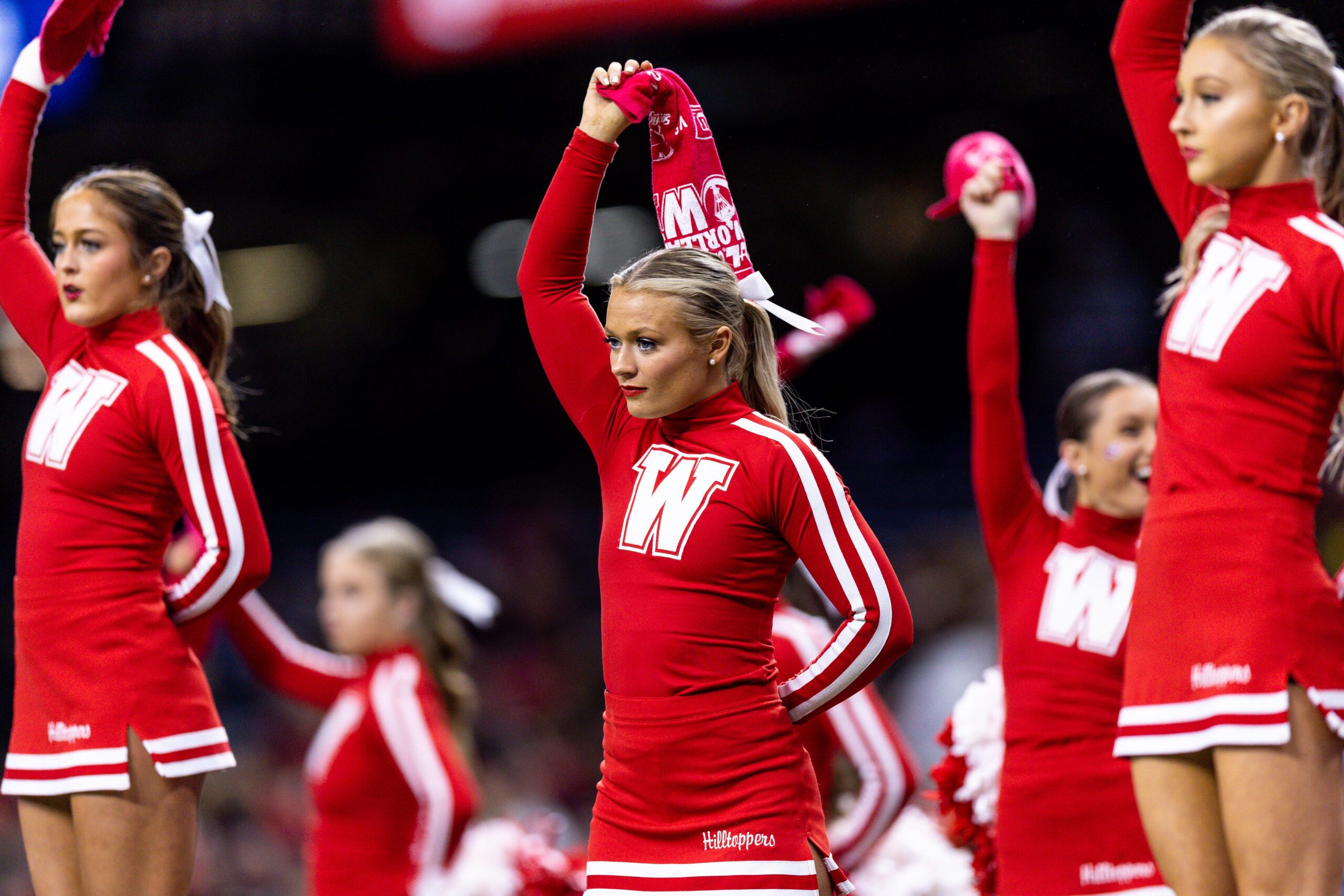Dec 21, 2022; New Orleans, Louisiana, USA;  Western Kentucky Hilltoppers cheerleaders perform against the South Alabama Jaguars during the second half at Caesars Superdome. Mandatory Credit: Stephen Lew-Imagn Images
