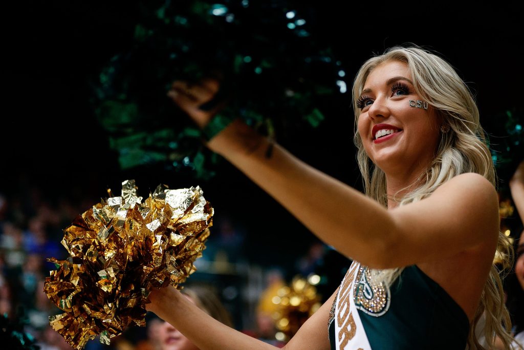 Mar 3, 2023; Fort Collins, Colorado, USA; A Colorado State Rams cheerleader in the second half against the New Mexico Lobos at Moby Arena. Mandatory Credit: Isaiah J. Downing-Imagn Images