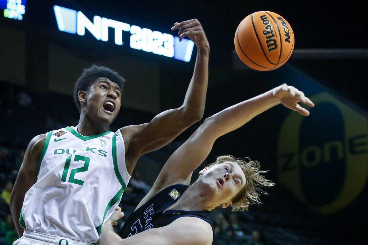 Oregon forward James Cooper leaps for a rebound as the Oregon Ducks take on UC Irvine in their NIT opener Wednesday, March 15, 2023, at Matthew Knight Arena in Eugene, Ore.
Ncaa Basketball Oregon Men S Basketball Nit Opener Uc Irvine At Oregon