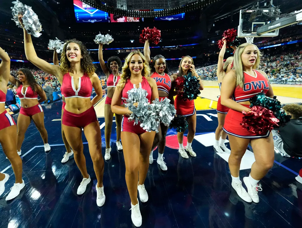 Apr 1, 2023; Houston, TX, USA; Florida Atlantic Owls cheerleaders perform in the semifinals of the Final Four of the 2023 NCAA Tournament against the San Diego State Aztecs at NRG Stadium. Mandatory Credit: Robert Deutsch-Imagn Images