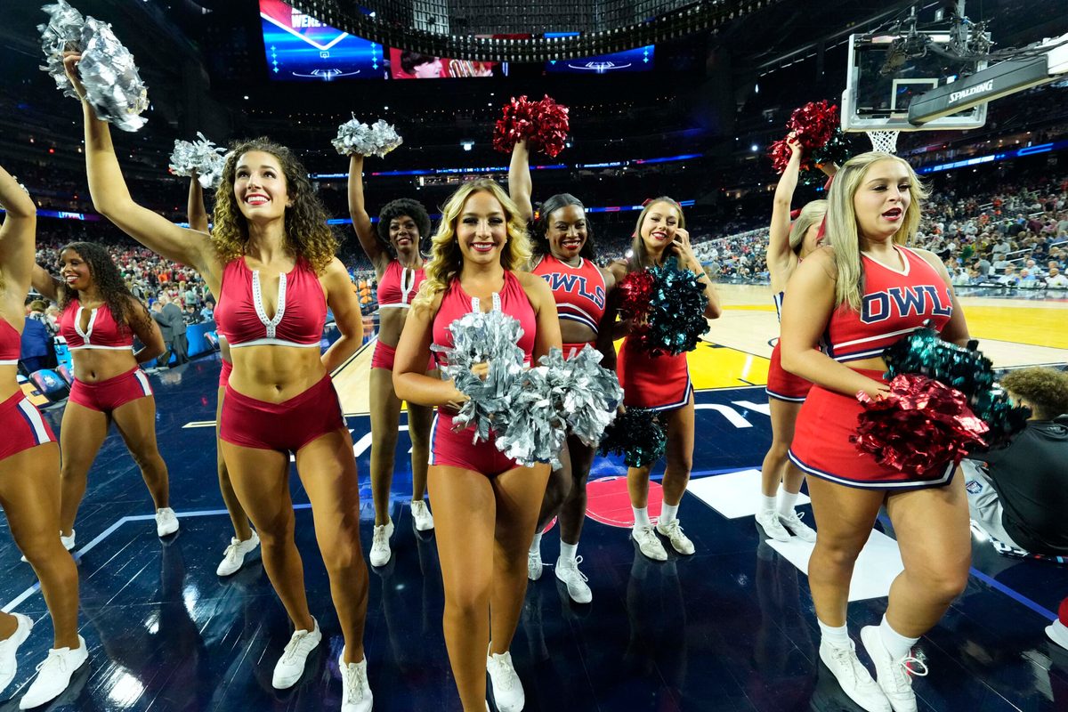 Apr 1, 2023; Houston, TX, USA; Florida Atlantic Owls cheerleaders perform in the semifinals of the Final Four of the 2023 NCAA Tournament against the San Diego State Aztecs at NRG Stadium. Mandatory Credit: Robert Deutsch-Imagn Images