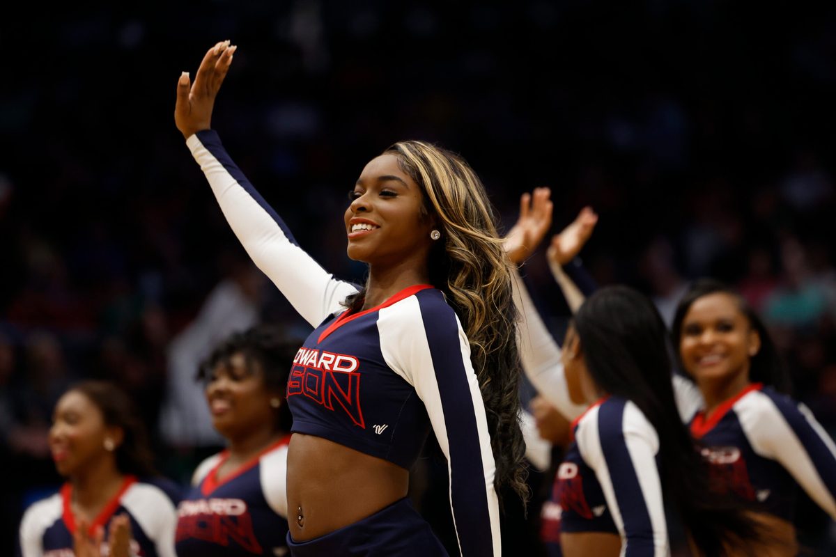 Mar 19, 2024; Dayton, OH, USA; Howard Bison cheerleaders in the second half against the Wagner Seahawks  at UD Arena. Mandatory Credit: Rick Osentoski-Imagn Images