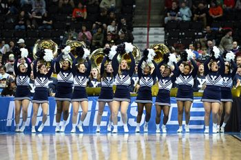 Mar 22, 2024; Spokane, WA, USA; Yale Bulldogs cheerleaders perform during the first half of a game against the Auburn Tigers in the first round of the 2024 NCAA Tournament at Spokane Veterans Memorial Arena. Mandatory Credit: James Snook-Imagn Images
