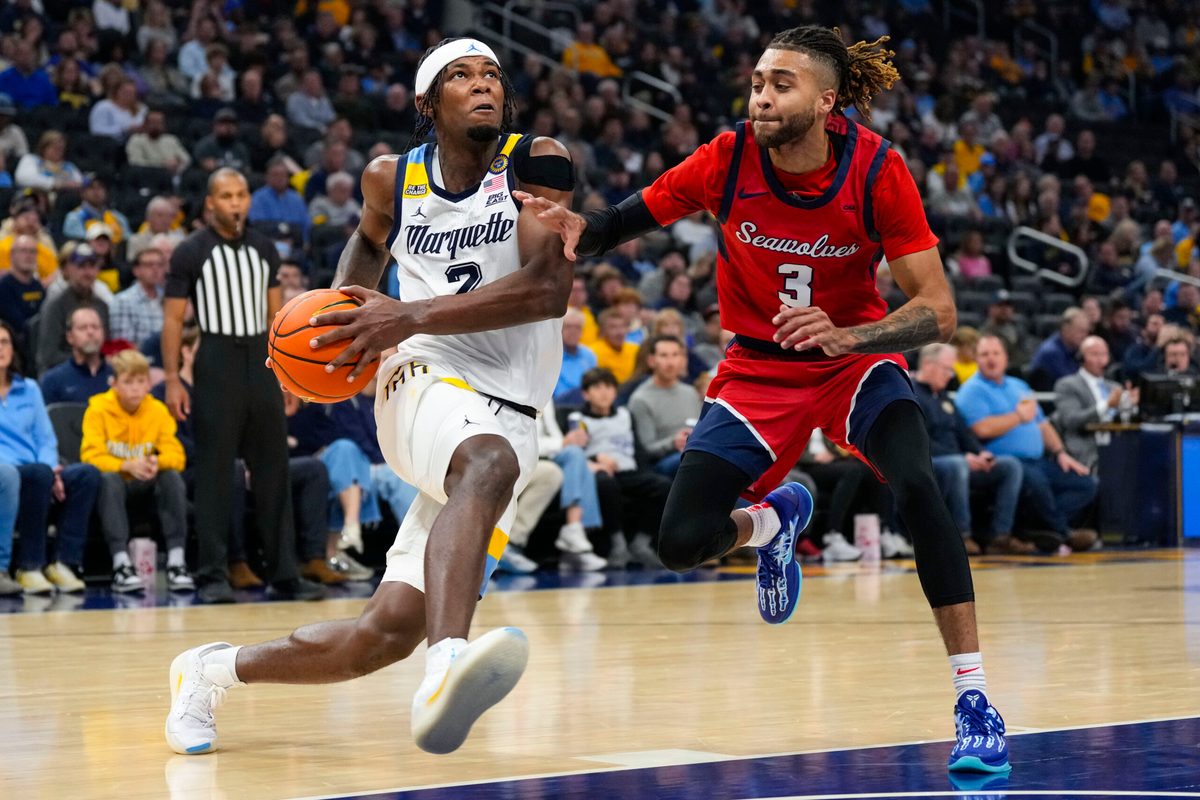 Nov 4, 2024; Milwaukee, Wisconsin, USA; Marquette Golden Eagles guard Chase Ross (2) during the game against the Stony Brook Seawolves at Fiserv Forum. Mandatory Credit: Jeff Hanisch-Imagn Images
