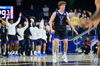Nov 11, 2024; South Bend, Indiana, USA; Buffalo Bulls guard Ryan Sabol (2) reacts after a three-point basket in the first half against the Notre Dame Fighting Irish at the Purcell Pavilion. Mandatory Credit: Matt Cashore-Imagn Images