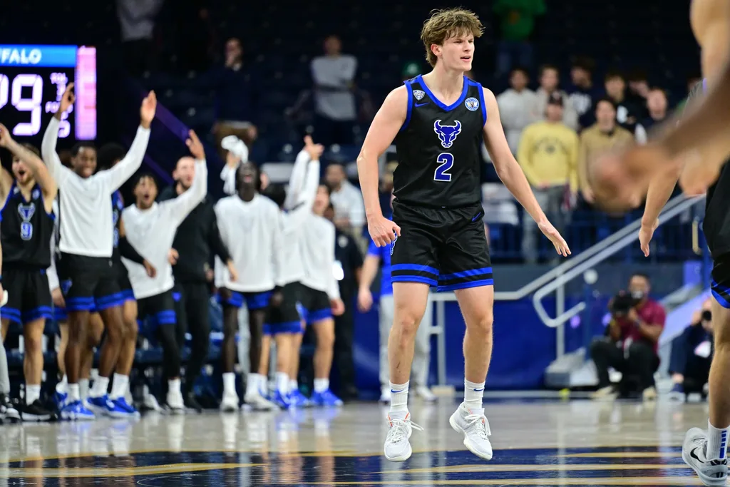 Nov 11, 2024; South Bend, Indiana, USA; Buffalo Bulls guard Ryan Sabol (2) reacts after a three-point basket in the first half against the Notre Dame Fighting Irish at the Purcell Pavilion. Mandatory Credit: Matt Cashore-Imagn Images