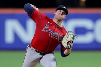 Aug 14, 2025; New York City, New York, USA; Atlanta Braves starting pitcher Bryce Elder (55) pitches against the New York Mets during the third inning at Citi Field. Mandatory Credit: Brad Penner-Imagn Images