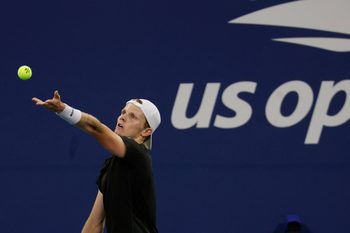 Aug 24, 2025; Flushing, NY, USA; Jesper de Jong (NED) serves against Brandon Nakashima (USA)(not pictured) on day one of the 2025 US Open at USTA Billie Jean King National Tennis Center. Mandatory Credit: Geoff Burke-Imagn Images