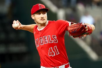 Aug 27, 2025; Arlington, Texas, USA;  Los Angeles Angels starting pitcher Jack Kochanowicz (41) throws during the first inning against the Texas Rangers at Globe Life Field. Mandatory Credit: Kevin Jairaj-Imagn Images