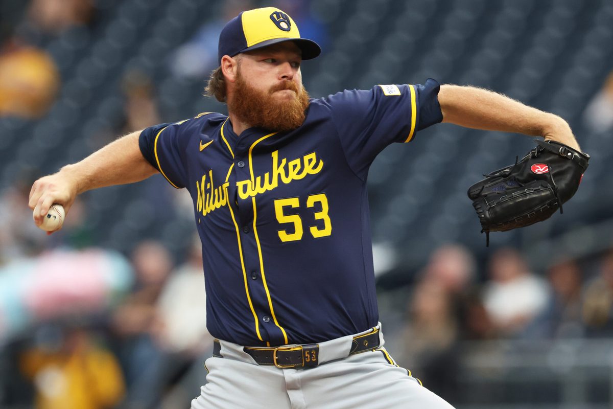 Sep 6, 2025; Pittsburgh, Pennsylvania, USA; Milwaukee Brewers starting pitcher Brandon Woodruff (53) delivers a pitch against the Pittsburgh Pirates during the first inning at PNC Park. Mandatory Credit: Charles LeClaire-Imagn Images
