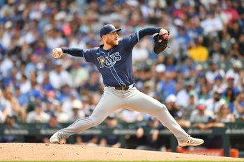 Sep 13, 2025; Chicago, Illinois, USA; Tampa Bay Rays starting pitcher Drew Rasmussen (57) pitches against the Chicago Cubs during the first inning at Wrigley Field. Mandatory Credit: Patrick Gorski-Imagn Images