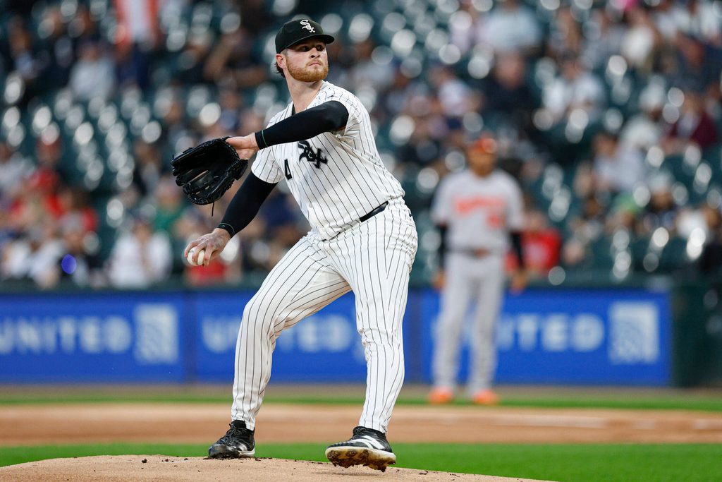 Sep 16, 2025; Chicago, Illinois, USA; Chicago White Sox starting pitcher Shane Smith (64) delivers a pitch against the Baltimore Orioles during the first inning at Rate Field. Mandatory Credit: Kamil Krzaczynski-Imagn Images