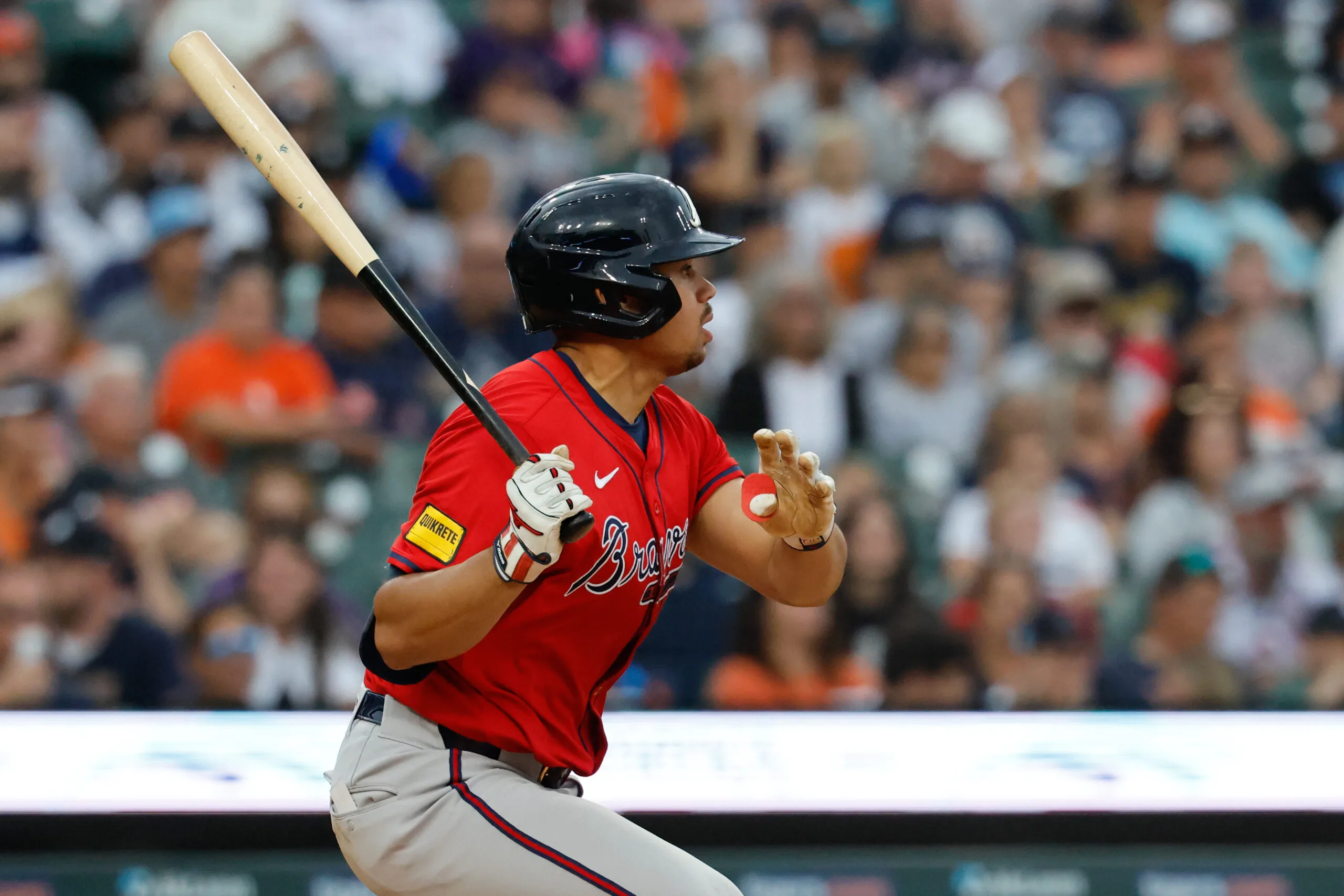 Sep 21, 2025; Detroit, Michigan, USA;  Atlanta Braves catcher Drake Baldwin (30) hits a single in the seventh inning against the Detroit Tigers at Comerica Park. Mandatory Credit: Rick Osentoski-Imagn Images