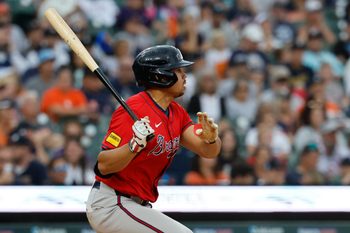 Sep 21, 2025; Detroit, Michigan, USA;  Atlanta Braves catcher Drake Baldwin (30) hits a single in the seventh inning against the Detroit Tigers at Comerica Park. Mandatory Credit: Rick Osentoski-Imagn Images