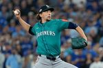 Oct 19, 2025; Toronto, Ontario, CAN; Seattle Mariners pitcher Logan Gilbert (36) throws in the first inning against the Toronto Blue Jays during game six of the ALCS round for the 2025 MLB playoffs at Rogers Centre. Mandatory Credit: Nick Turchiaro-Imagn Images