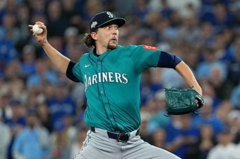 Oct 19, 2025; Toronto, Ontario, CAN; Seattle Mariners pitcher Logan Gilbert (36) throws in the first inning against the Toronto Blue Jays during game six of the ALCS round for the 2025 MLB playoffs at Rogers Centre. Mandatory Credit: Nick Turchiaro-Imagn Images