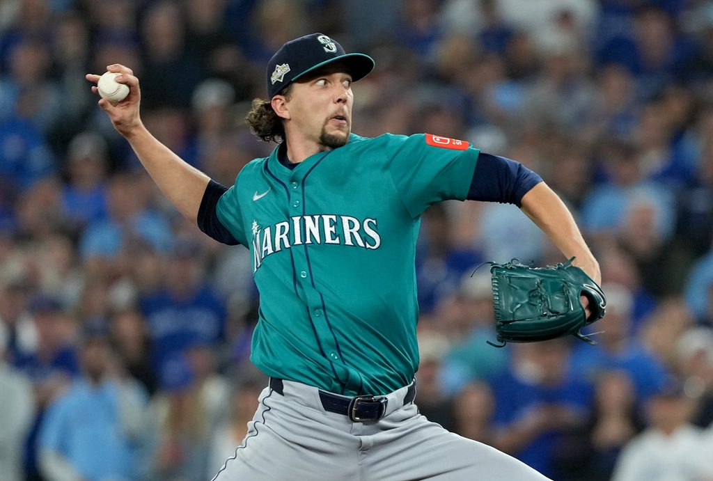 Oct 19, 2025; Toronto, Ontario, CAN; Seattle Mariners pitcher Logan Gilbert (36) throws in the first inning against the Toronto Blue Jays during game six of the ALCS round for the 2025 MLB playoffs at Rogers Centre. Mandatory Credit: Nick Turchiaro-Imagn Images