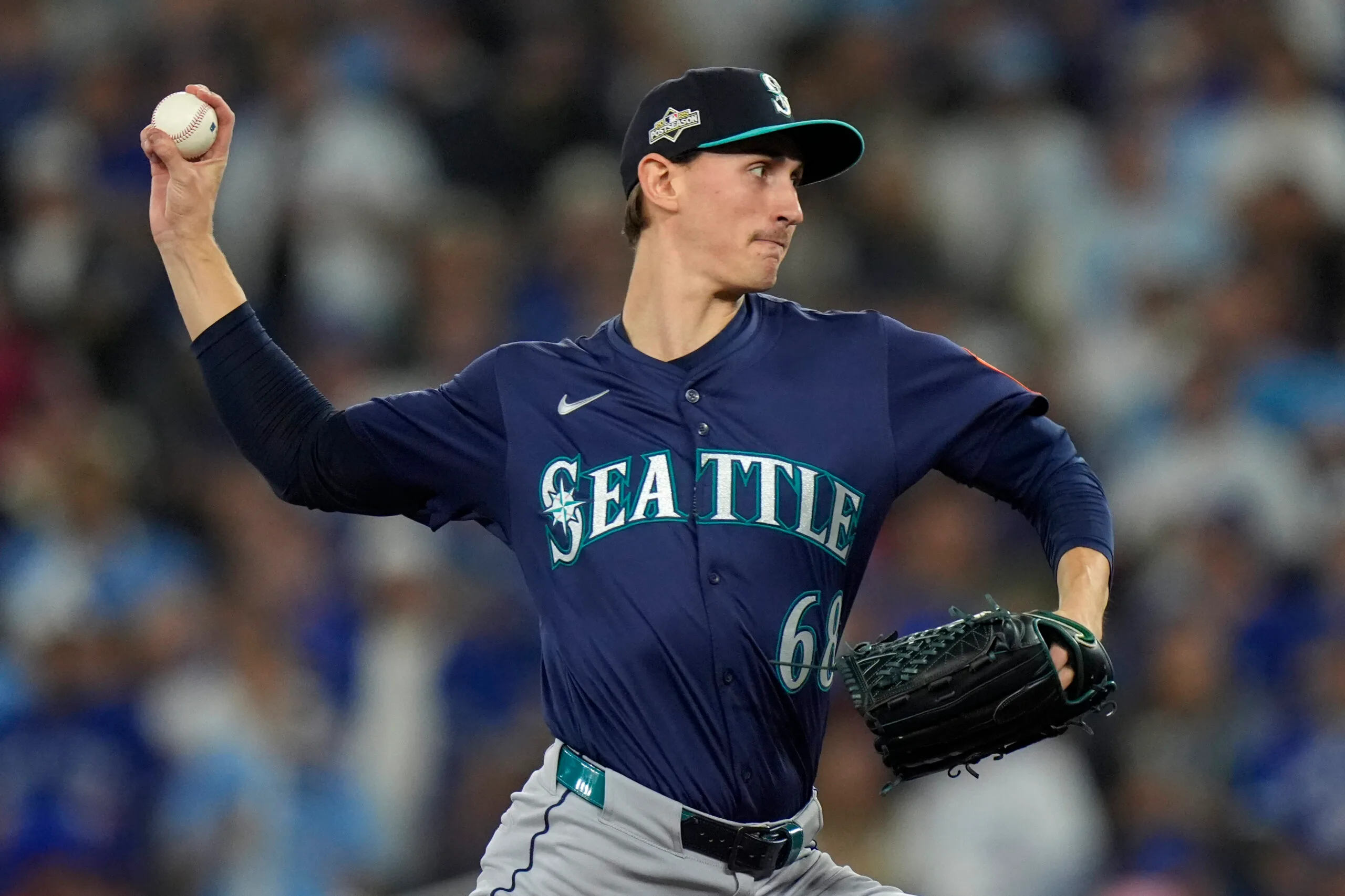 Oct 20, 2025; Toronto, Ontario, CAN; Seattle Mariners pitcher George Kirby (68) pitches against the Toronto Blue Jays in the first inning during game seven of the ALCS round for the 2025 MLB playoffs at Rogers Centre. Mandatory Credit: John E. Sokolowski-Imagn Images