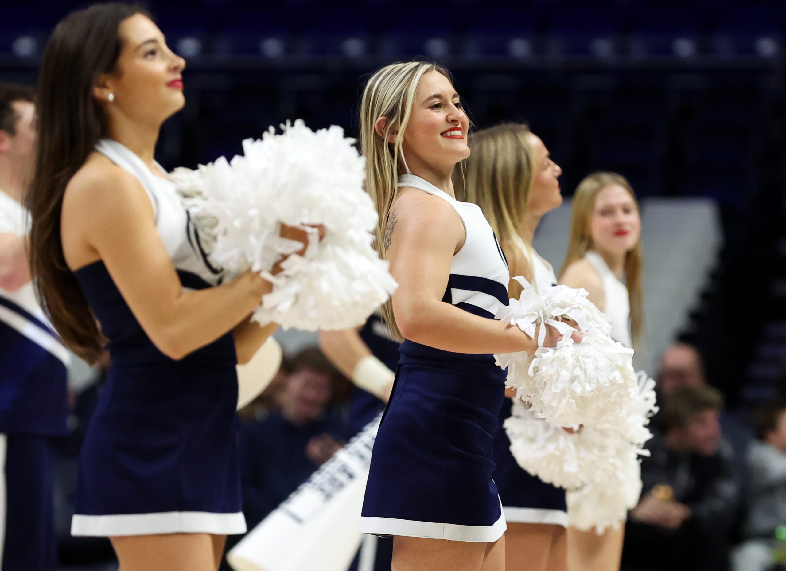 Nov 11, 2025; University Park, Pennsylvania, USA; Penn State Nittany Lion cheerleaders perform during the first half against the Navy Midshipmen at Bryce Jordan Center. Mandatory Credit: Matthew O'Haren-Imagn Images