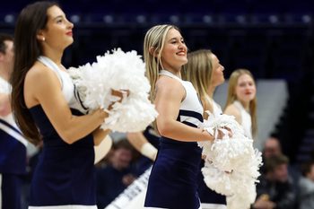 Nov 11, 2025; University Park, Pennsylvania, USA; Penn State Nittany Lion cheerleaders perform during the first half against the Navy Midshipmen at Bryce Jordan Center. Mandatory Credit: Matthew O'Haren-Imagn Images