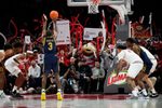 Brutus Buckeye and the student section try to distract the free throw attempt by Notre Dame Fighting Irish guard Markus Burton (3) during the men's NCAA basketball game at Value City Arena in Columbus on Nov. 16, 2025. Ohio State won 64-63.