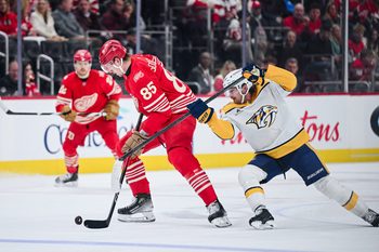 Nov 26, 2025; Detroit, Michigan, USA; Detroit Red Wings left wing Elmer Soderblom (85) and Nashville Predators right wing Ozzy Wiesblatt (89) battle for the puck during the first period at Little Caesars Arena. Mandatory Credit: Tim Fuller-Imagn Images
