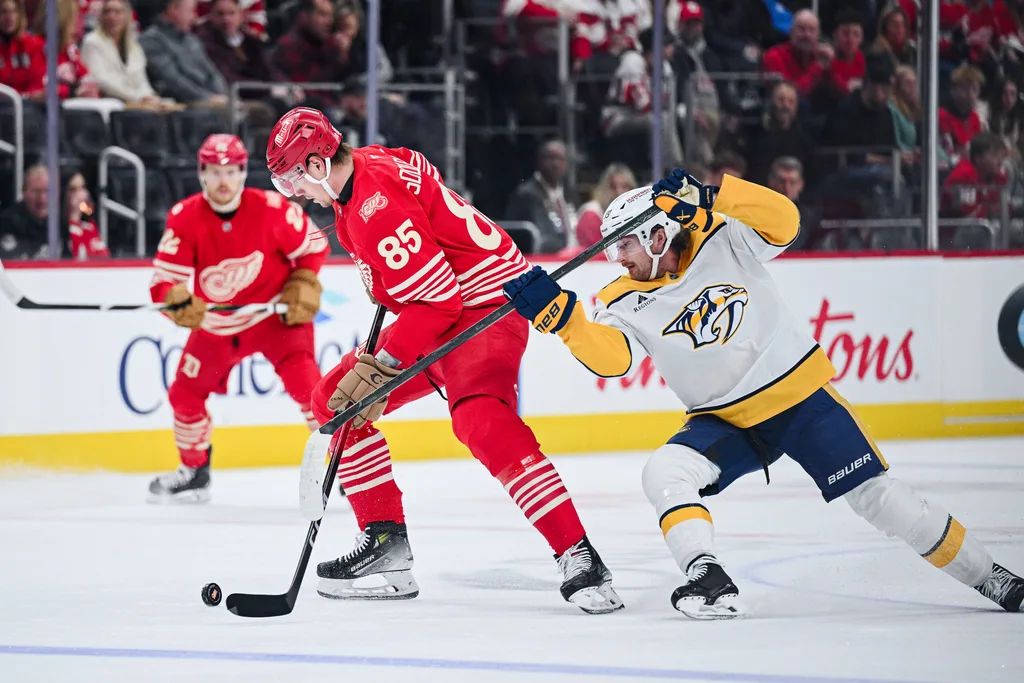 Nov 26, 2025; Detroit, Michigan, USA; Detroit Red Wings left wing Elmer Soderblom (85) and Nashville Predators right wing Ozzy Wiesblatt (89) battle for the puck during the first period at Little Caesars Arena. Mandatory Credit: Tim Fuller-Imagn Images