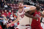 Dec 7, 2025; Stanford, California, USA;  Stanford Cardinal forward/center Aidan Cammann (52) boxes out UNLV Runnin' Rebels forward Kimani Hamilton (2) in the second half against the Stanford Cardinal at Maples Pavilion. Mandatory Credit: David Gonzales-Imagn Images