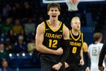 Dec 10, 2025; South Bend, Indiana, USA; Idaho Vandals forward Jackson Rasmussen (12) celebrates after hitting a 3-point shot against the Notre Dame Fighting Irish during the first half at Purcell Pavilion at the Joyce Center. Mandatory Credit: Michael Caterina-Imagn Images