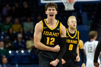 Dec 10, 2025; South Bend, Indiana, USA; Idaho Vandals forward Jackson Rasmussen (12) celebrates after hitting a 3-point shot against the Notre Dame Fighting Irish during the first half at Purcell Pavilion at the Joyce Center. Mandatory Credit: Michael Caterina-Imagn Images