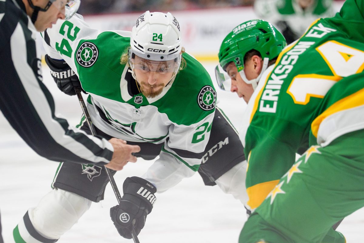 Dec 11, 2025; Saint Paul, Minnesota, USA; Dallas Stars center Roope Hintz (24) faces off against Minnesota Wild center Joel Eriksson Ek (14) in the second period at Grand Casino Arena. Mandatory Credit: Matt Blewett-Imagn Images
