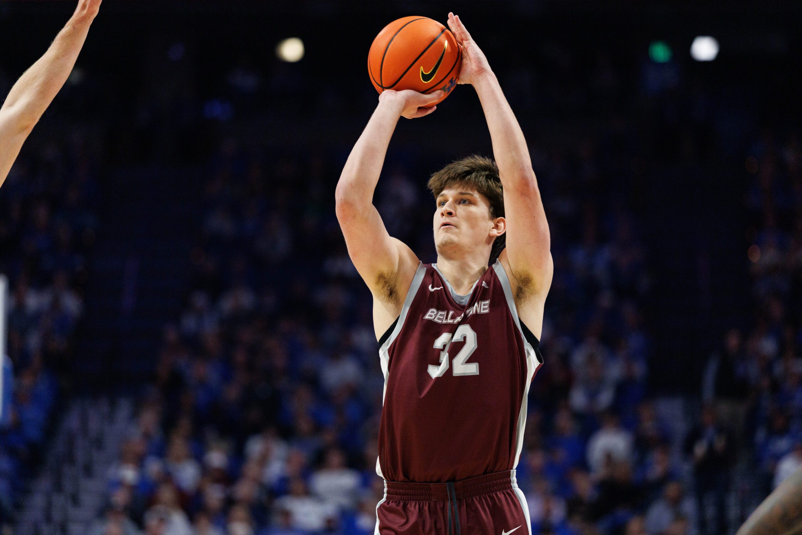 Dec 23, 2025; Lexington, Kentucky, USA; Bellarmine Knights forward Jack Karasinski (32) shoots the ball during the second half against the Kentucky Wildcats at Rupp Arena at Central Bank Center. Mandatory Credit: Jordan Prather-Imagn Images