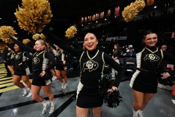Jan 24, 2026; Boulder, Colorado, USA; Colorado Buffaloes cheerleaders perform before the game against the UCF Knights n the first half at the CU Events Center. Mandatory Credit: Ron Chenoy-Imagn Images