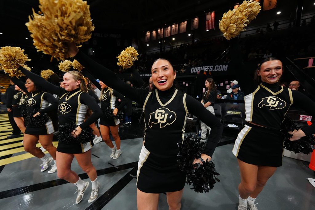 Jan 24, 2026; Boulder, Colorado, USA; Colorado Buffaloes cheerleaders perform before the game against the UCF Knights n the first half at the CU Events Center. Mandatory Credit: Ron Chenoy-Imagn Images