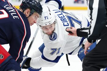 Jan 24, 2026; Columbus, Ohio, USA;  Tampa Bay Lightning center Anthony Cirelli (71) looks at the puck as he faces off with Columbus Blue Jackets center Charlie Coyle (3) during the first period at Nationwide Arena. Mandatory Credit: Joseph Maiorana-Imagn Images