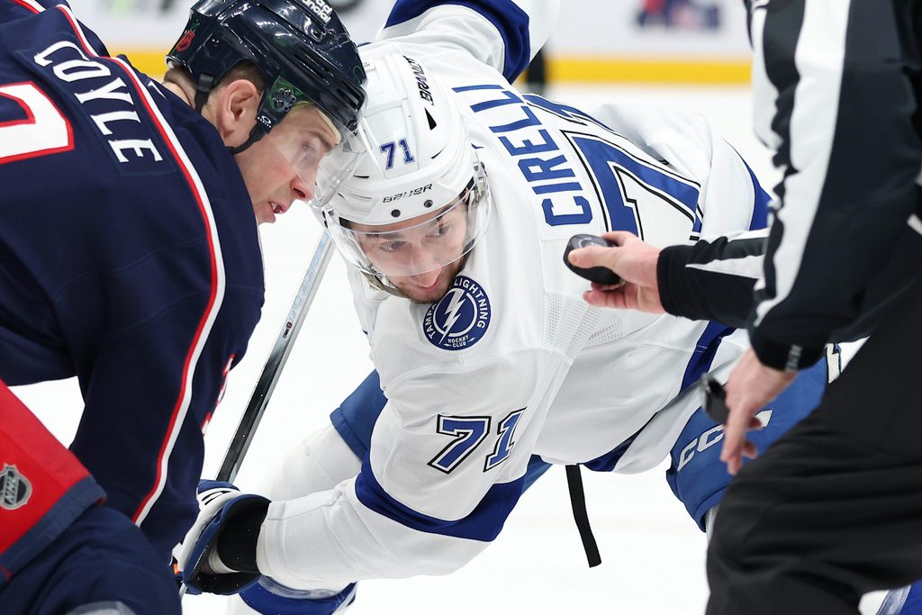 Jan 24, 2026; Columbus, Ohio, USA; Tampa Bay Lightning center Anthony Cirelli (71) looks at the puck as he faces off with Columbus Blue Jackets center Charlie Coyle (3) during the first period at Nationwide Arena. Mandatory Credit: Joseph Maiorana-Imagn Images