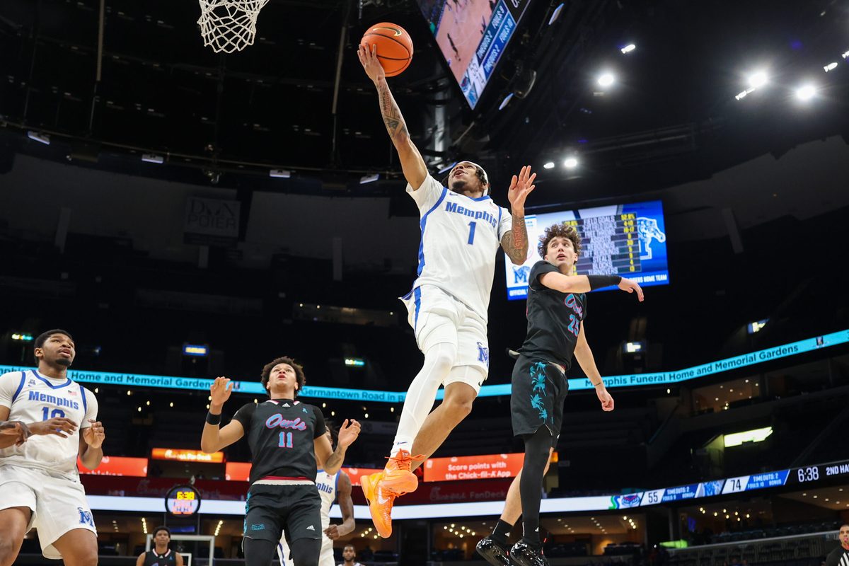 Jan 29, 2026; Memphis, Tennessee, USA; Memphis Tigers guard Dug McDaniel (1) shoots the ball against the Florida Atlantic Owls during the second half at FedExForum. Mandatory Credit: Wesley Hale-Imagn Images