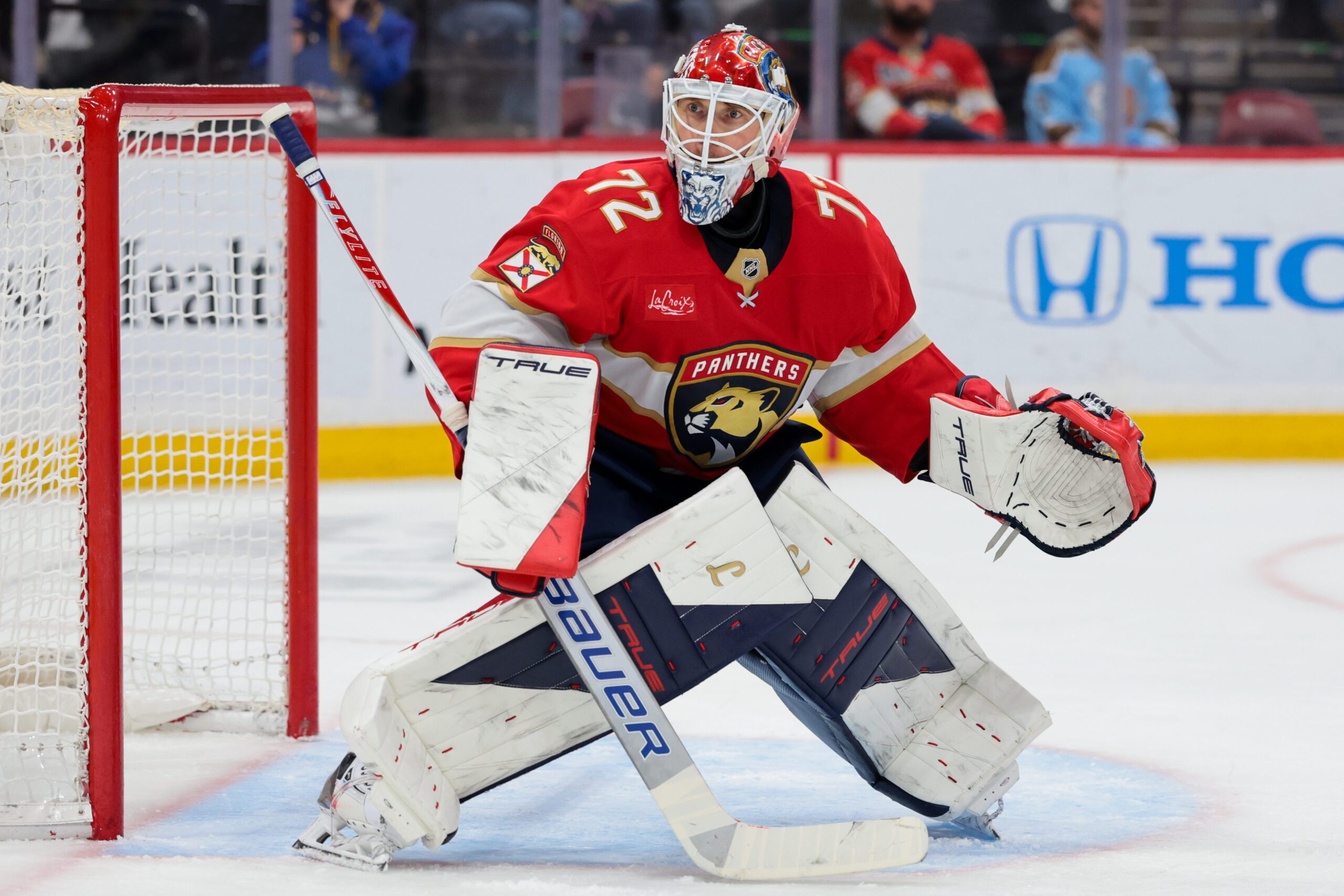 Feb 2, 2026; Sunrise, Florida, USA; Florida Panthers goaltender Sergei Bobrovsky (72) defends his net against the Buffalo Sabres during the second period at Amerant Bank Arena. Mandatory Credit: Sam Navarro-Imagn Images