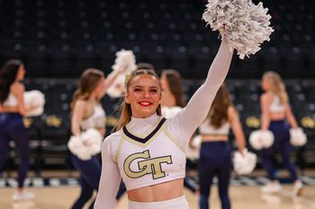 Feb 11, 2026; Atlanta, Georgia, USA; Georgia Tech Yellow Jackets cheerleader against the Wake Forest Demon Deacons at McCamish Pavilion. Mandatory Credit: Brett Davis-Imagn Images
