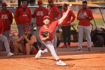 Feb 11, 2026; Tempe, AZ, USA;  Los Angeles Angels Yusei Kikuchi during pitchers and catchers workouts at Tempe Diablo Stadium in Tempe, Arizona. Mandatory Credit: Arianna Grainey-Imagn Images
