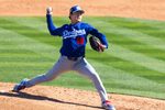 Feb 21, 2026; Tempe, Arizona, USA; Los Angeles Dodgers pitcher Yoshinobu Yamamoto against the Los Angeles Angels during a spring training game at Tempe Diablo Stadium. Mandatory Credit: Mark J. Rebilas-Imagn Images