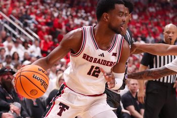 Texas Tech's Donovan Atwell handles the ball against Kansas State during a Big 12 Conference men's basketball game, Saturday, Feb. 21, 2026, in United Supermarkets Arena.